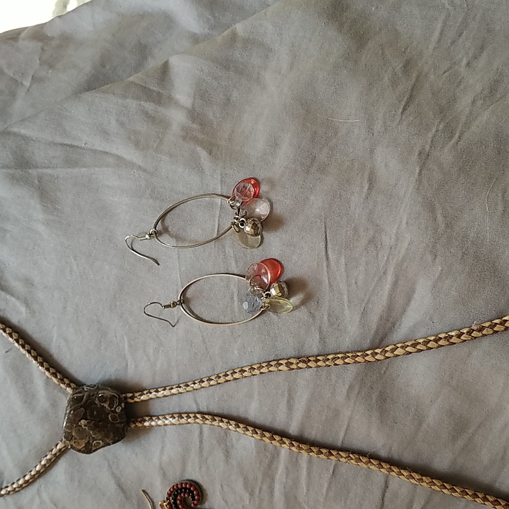 An interesting bundle of earrings, a necklace and an adjustable tie..